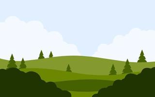 Summer landscape with green hills. Natural scenery. Field with trees and bushes. Cartoon flat illustration vector