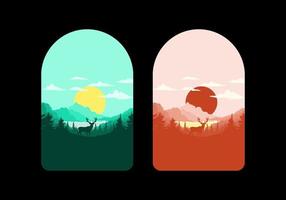 ilustración de arte paisajístico de lagos y bosques de pinos vector