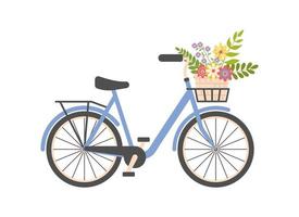 Cute Ladies blue bicycle with basket of spring flowers. Women city retro bike. Summer floral vintage journey concept. Romance. Good for cards, greeting. Flat vector illustration on white background