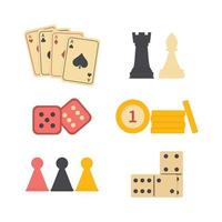 Hand drawn set of board game elements for adults and children. Color simple icons for gambling, table games and entertainment. Vector illustration isolated on white background