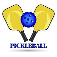 Poster for Pickleball Sports Club. Bright yellow rackets and blue pickleball ball. Pickleball Sports equipment for outdoor games. Active sports for elderly. Vector 3d illustration on white background