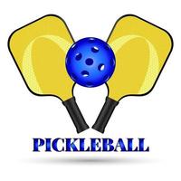 póster para pickleball Deportes club. brillante amarillo raquetas y azul pickleball pelota. pickleball Deportes equipo para al aire libre juegos. activo Deportes para anciano. vector 3d ilustración en blanco antecedentes