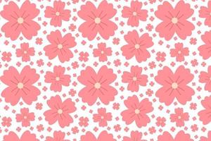 Seamless spring floral pattern with cute pink flowers. Beautiful flower with four petals. Botanical ornament. Nature background for fabric, textiles, paper, clothing. Vector flat cartoon illustration