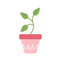 Young green sprout in beautiful pink flower pot. Home floriculture, gardening. Cute design element. Childish print for nursery. For posters, cards, clothes. Vector illustration in flat style