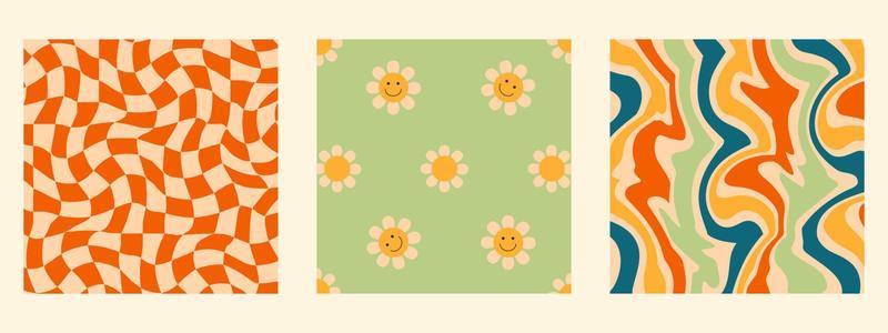 1970s Retro Daisy pattern groovy trippy. Trippy Grid, Wavy Swirl Pattern. Seventies Style, Groovy Abstract psychedelic Background. Hippie Aesthetic. Vintage floral prints. Vector Illustration