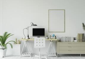 A set of desks and laptop placed on top photo