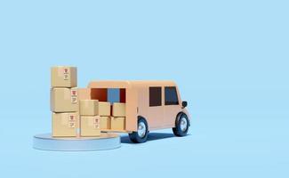 3d truck, orange delivery van with podium, goods cardboard box isolated on blue background. service, transportation, shipping concept, 3d render illustration photo