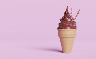 ice cream chocolate with topping in waffle cones isolated on pink pastel background.3d illustration or 3d render photo