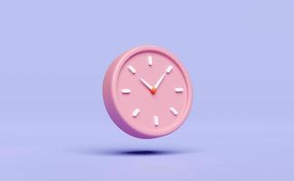 dibujos animados personaje rosado alarma reloj despierta hora Mañana con espacio aislado en púrpura o Violeta antecedentes. mínimo diseño concepto, 3d ilustración o 3d hacer foto