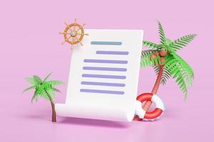 3D checklist with copy space, palm tree, lifebuoy, helm isolated on pink background. summer travel concept, 3d render illustration, clipping path photo