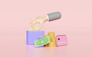 businessman hands holding dollar coin with pile stacked coin, wallet, banknotes, credit card isolated on pink background. saving money, cashless payment concept, 3d illustration, 3d render photo