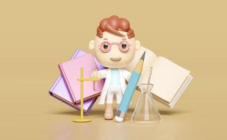 room innovative education concept, 3d miniature cartoon boy character hand hold test tube with science experiment kit, textbook isolated on brown background. 3d render illustration photo