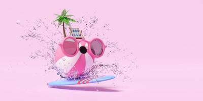 beach ball with sunglasses, water splash, palm tree, beach chair, surfboard, copy space isolated on pink background. summer travel concept, 3d render illustration photo