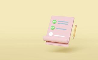 pink clipboard checklist with check, pencil isolated on yellow background. Online marketing, business strategy concept, 3d illustration, 3d render photo