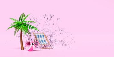 3d beach ball with sunglasses, water splash, palm tree, beach chair, copy space isolated on pink background. summer travel concept, 3d render illustration photo