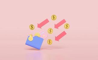 3d wallet with credit card, stacked coin money isolated on pink background. transfer arrows, cashback, saving money wealth business concept, 3d render illustration photo