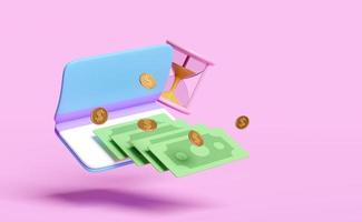 3d bank account book, passbook with money banknote, dollar coin,hourglass isolated on pink background. saving money, financial business, banking payment, 3d render illustration photo