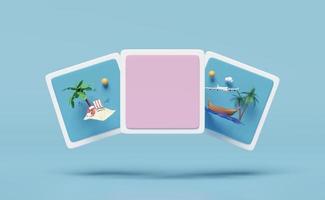 3D social media or communication online platform with lifebuoy, water splash, palm, play icons, photo frame isolated on blue background. summer travel, minimal template concept, 3d render illustration