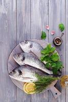 Raw dorado fish with green herbs cooking on cutting board. Top view photo