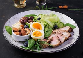 Ketogenic diet. Keto brunch. Boiled egg, pork steak and olives, cucumber, spinach, brie cheese, nuts and blueberry. photo