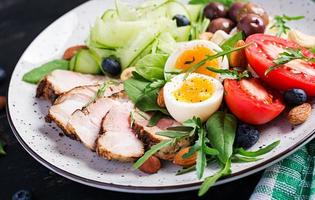 Ketogenic diet. Keto brunch. Boiled egg, pork steak and olives, cucumber, spinach, brie cheese, nuts and tomato. photo