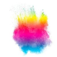 Explosion of colorful pigment powder on white background.Vibrant color dust particles textured background. photo