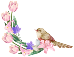 spring flower bouquet with little bird watercolor png