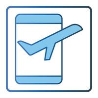 Flight booking icon illustration. Airplane icon with mobile phone. icon related to transportation, tourism, travel. Lineal color icon style, two tone icon. Simple vector design editable