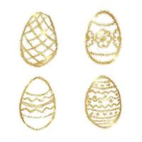 Set of Four Hand Drawn Easter Eggs with Gold Glitter Effect on a white background. Vector illustration
