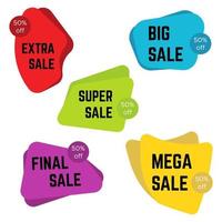 Set of five colorful sale stickers with text. Sale label template. Vector illustration