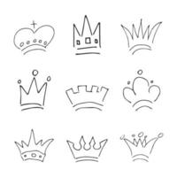 Hand drawn crowns. Set of nine simple graffiti sketch queen or king crowns. Royal imperial coronation and monarch symbols. Black brush doodle isolated on white background. Vector illustration.