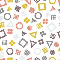 Seamless primitive geometric patterns with squares, triangles and circles for tissue and postcards. Trendy geometric elements. Hipsters modern color background. Vector illustration