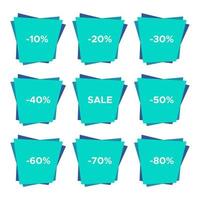 Set of nine sale stickers with different discount values. Sale label template. Vector illustration