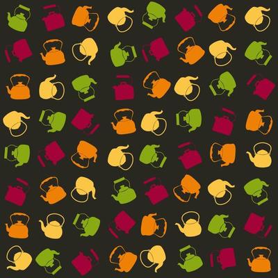 Seamless Colorful Pattern with Kettle. Vector background with different teapots. Endless kitchen texture.