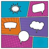 Colorful comic book page background in pop art style with empty speech bubbles. Template with rays and dots pattern. Vector illustration