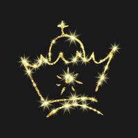 Gold glitter hand drawn crown. Simple graffiti sketch queen or king crown. Royal imperial coronation and monarch symbol isolated on dark background. Vector illustration.