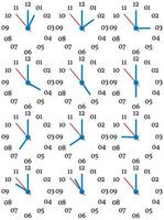 A set of mechanical clocks with an image of each of the twelve hours. Clock face on white background. vector