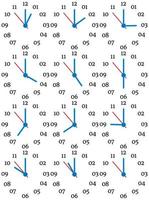 A set of mechanical clocks with an image of each of the twelve hours. Clock face on white background. vector