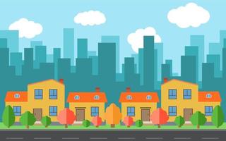 Vector city with four cartoon houses and buildings. City space with road on flat style background concept. Summer urban landscape. Street view with cityscape on a background