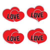 Set of four red hearts on a white background with black inscription Love. Vector illustration.