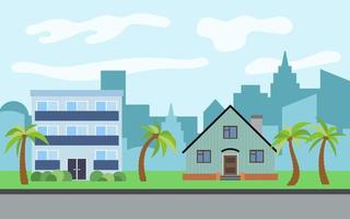 Vector city with three-story and two-story cartoon houses and palm trees in the sunny day. Summer urban landscape. Street view with cityscape on a background