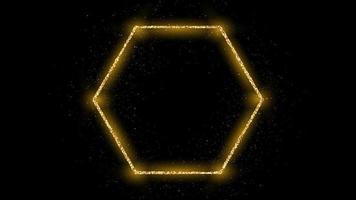 Golden hexagon frame with glitter, sparkles and flares on dark background. Empty luxury backdrop. Vector illustration.