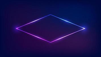 Neon rhombus frame with shining effects on dark background. Empty glowing techno backdrop. Vector illustration.