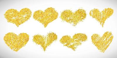 Set of eight hand drawn golden glitter hearts. Symbol of Love. Vector illustration