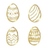 Set of Four Hand Drawn Easter Eggs with Gold Glitter Effect on a white background. Vector illustration