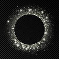 Silver circle frame with glitter, sparkles and flares on dark transparent background. Empty luxury backdrop. Vector illustration.