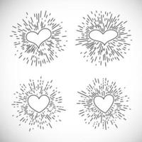 Set of four Hearts with Hand Drawn Vintage Bursting Rays. Retro Design Element. Vector illustration