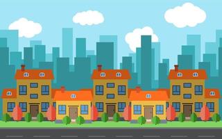 vector ciudad con cinco dibujos animados casas y edificios ciudad espacio con la carretera en plano estilo antecedentes concepto. verano urbano paisaje. calle ver con paisaje urbano en un antecedentes