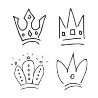 Hand drawn crowns. Set of four simple graffiti sketch queen or king crowns. Royal imperial coronation and monarch symbols vector