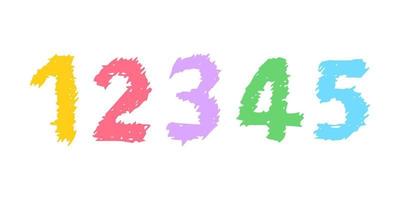 números dibujados a mano 12345. fuente moderna en mayúsculas y tipo de letra. símbolos multicolores sobre fondo blanco. ilustración vectorial vector